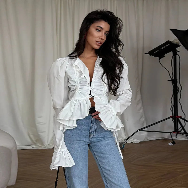 Fashion Street Ruffle Women's Blouse Solid Single Breasted Full Sleeve Pleated Cropped Shirt Lady New Casual Spring Clothing