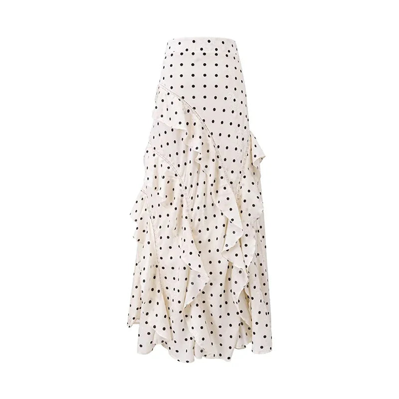YENKYE Polka Dot Ruffle Maxi Skirt Women 2026 New High Waist A Line Elegant Vacation Summer Skirts