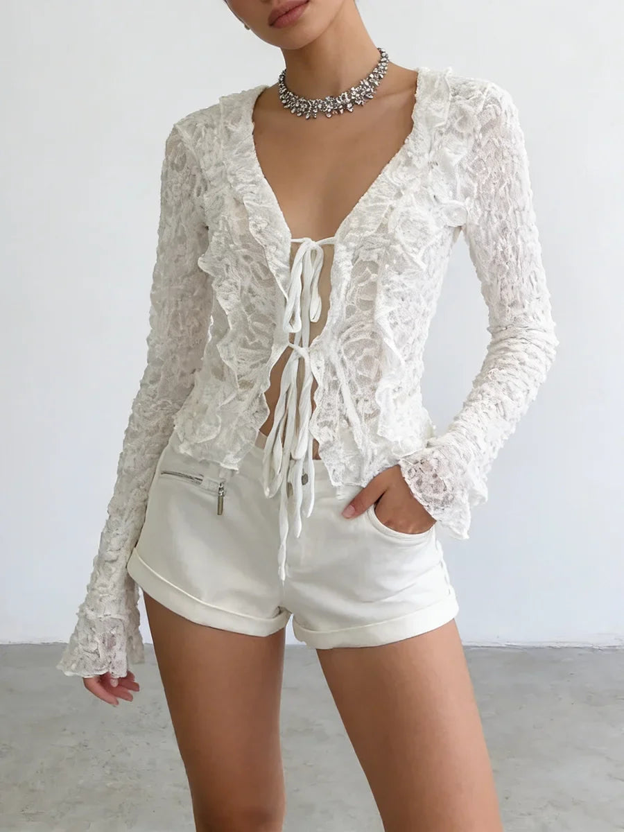 TWOTWINSTYLE Patchwork Lace Jumpsuits for Women V Neck Long Sleeve High Waist Spliced Zipper Shorts Sexy Jumpsuit Female Fashion