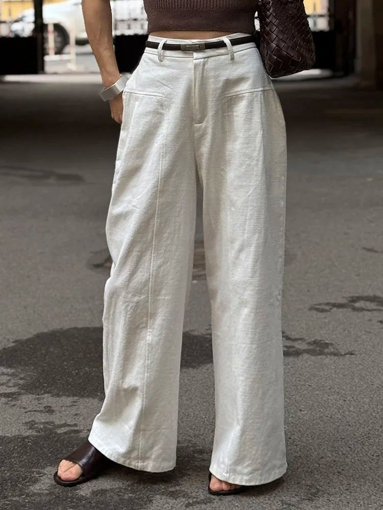 White Cotton Linen Pants Women Wide Leg Formal Trousers Summer Straight Leg Suit Pants High Waist Ladies Formal Pants Loose