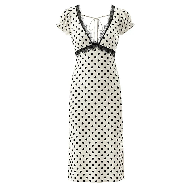 YENKYE New 2026 Women Lace Trim Polka Dot Dress Short Sleeve V Neck A-line Summer Sexy Backless Dresses