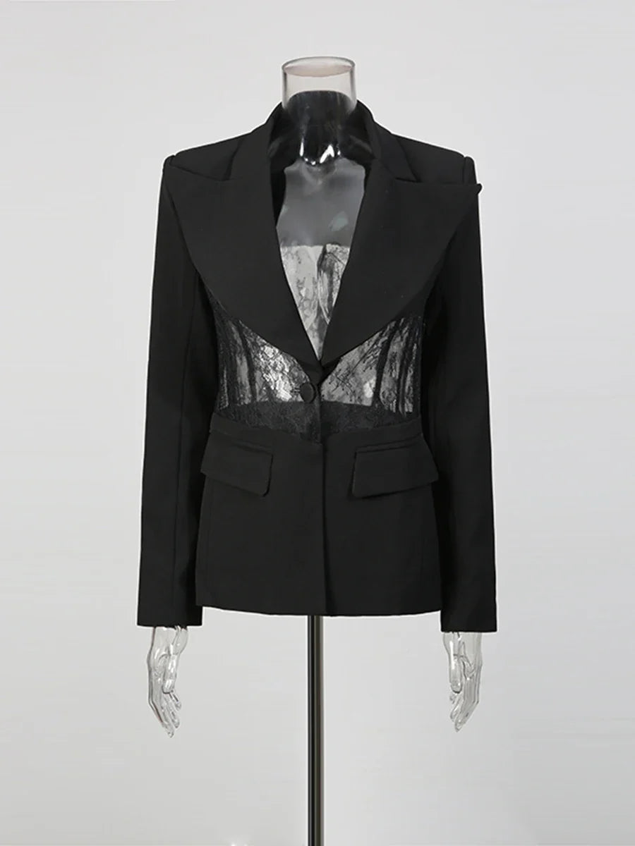 CHICEVER Black Spliced Lace Jacket Female Lapel Long Sleeve Loose Perspective Luxury Women's Jackets Autumn Fashion New Style