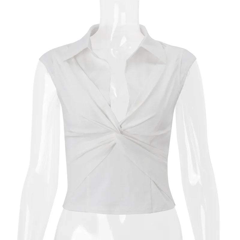 Cryptographic Fashion Sexy Twisted Front V Neck Tops Women Summer Outfits White Cropped Top Slim T-shirts Streetwear Clothes