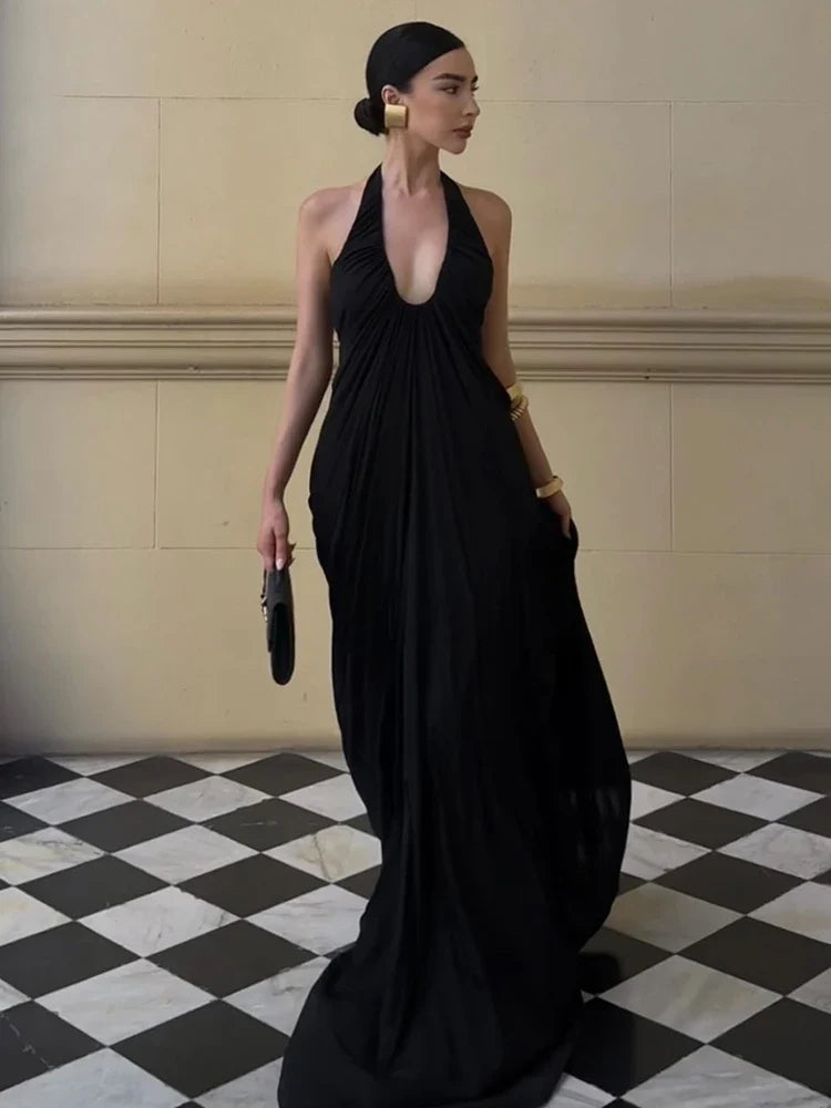 VC Black Halter Neck Backless Maxi Dress Women Deep V Neck Draped Elegant Evening Party Long Dress Summer Beach Gown Vestido