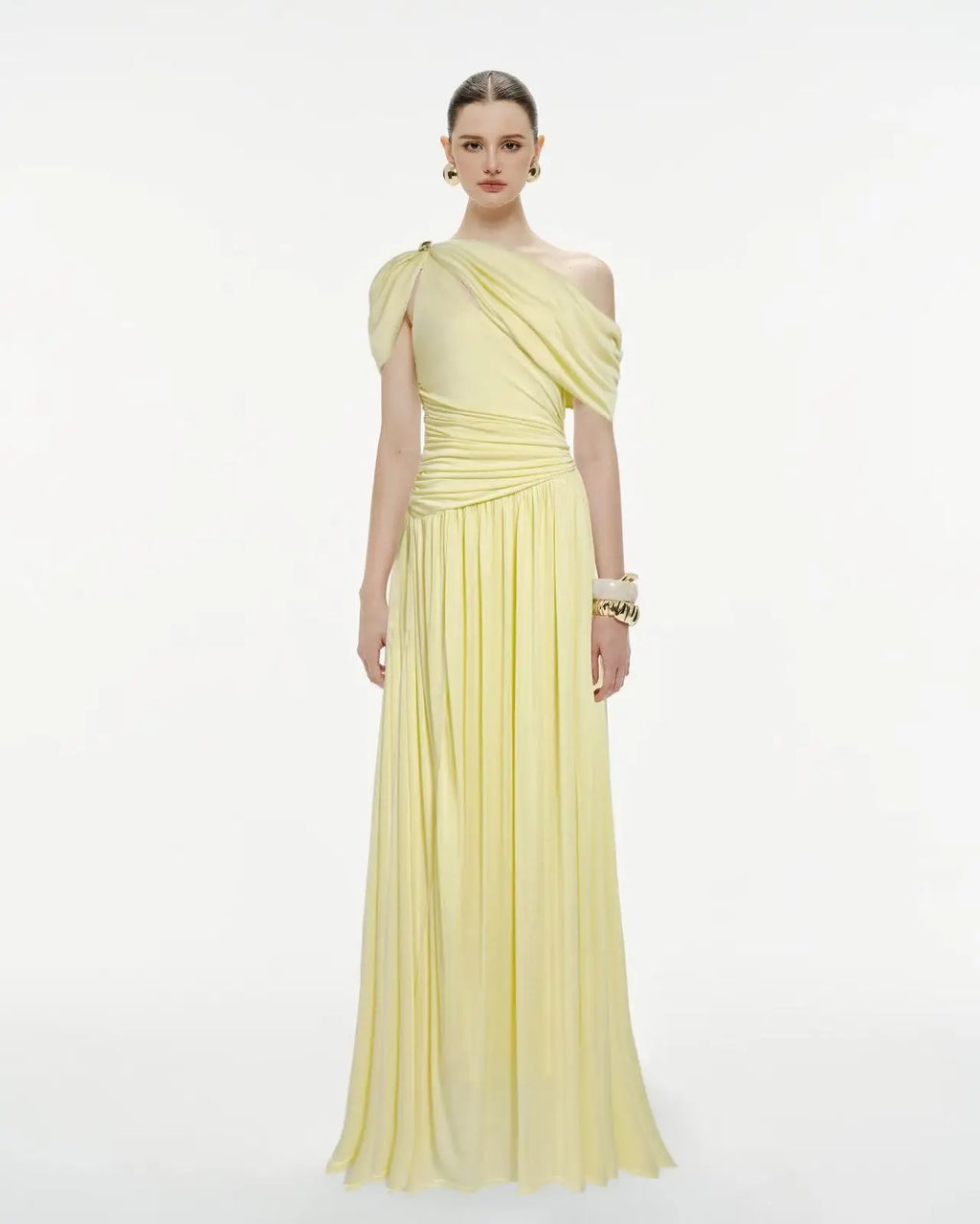 DEAT Elegant Dress Asymmetrical Pleated Long Hollow Out Solid Color Women's Evening Party Dresses 2026 Spring New Tide 35Z4129