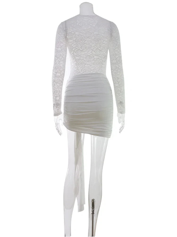 CNYISHE Lace Sheer Bodycon Sexy Club Women Dresses Solid Hip Wrap Fitness Skinny Trendy O Neck Long Sleeve Female Streetwear
