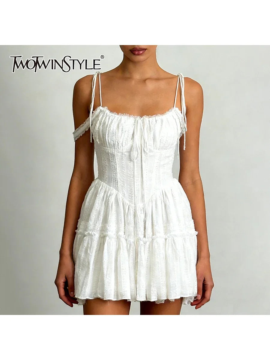 TWOTWINSTYLE Solid Spliced Embroidery Sweet Dresses for Women Square Neck Sleeveless High Waist Patchwork Strap Dress Female New
