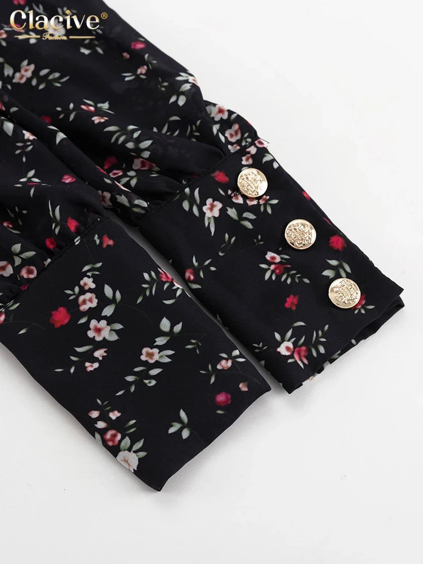 Clacive Fashion Slim Print Women's Dress 2025 Vintage Lapel Long Sleeve Ankle Length Dresses Elegant Classic Patchwork Female Dr