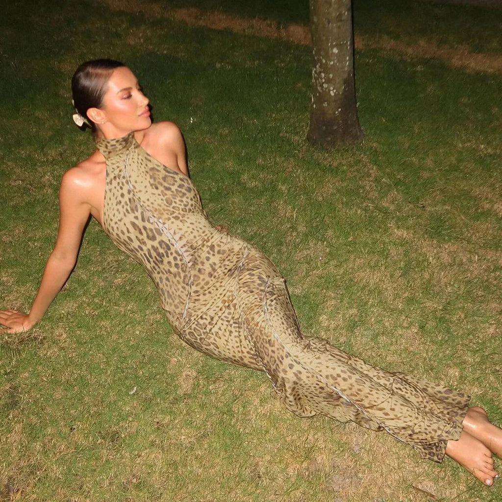 Cryptographic Fashion Halter Leopard Sexy Backless Maxi Dress Women Club Outfits Bandage Embellished Long Dresses Robe Clothes