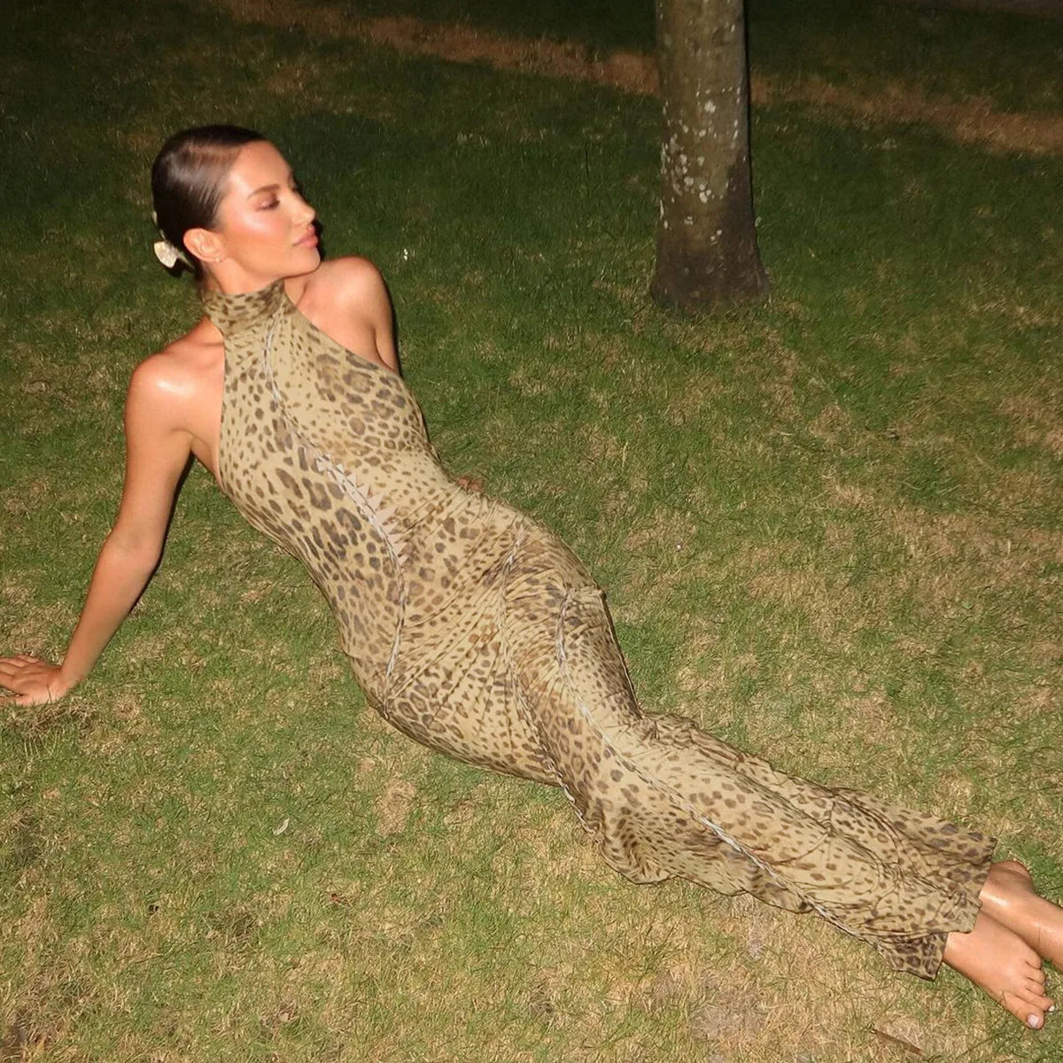Cryptographic Fashion Halter Leopard Sexy Backless Maxi Dress Women Club Outfits Bandage Embellished Long Dresses Robe Clothes
