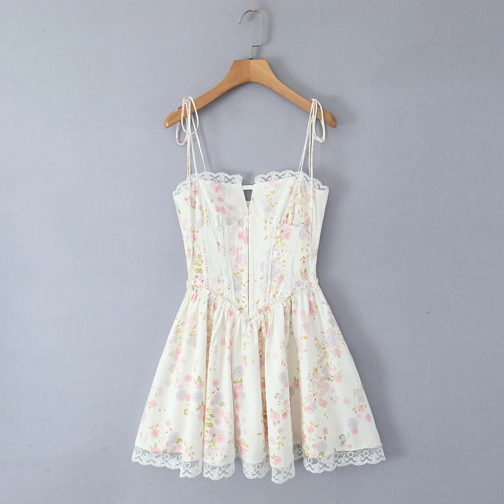 2025 Sexy Floral Print Spliced Lace Collar Corset style Lacing up Sling Dress Women Wood ears Low Waist Swing Mini Dresses Robe