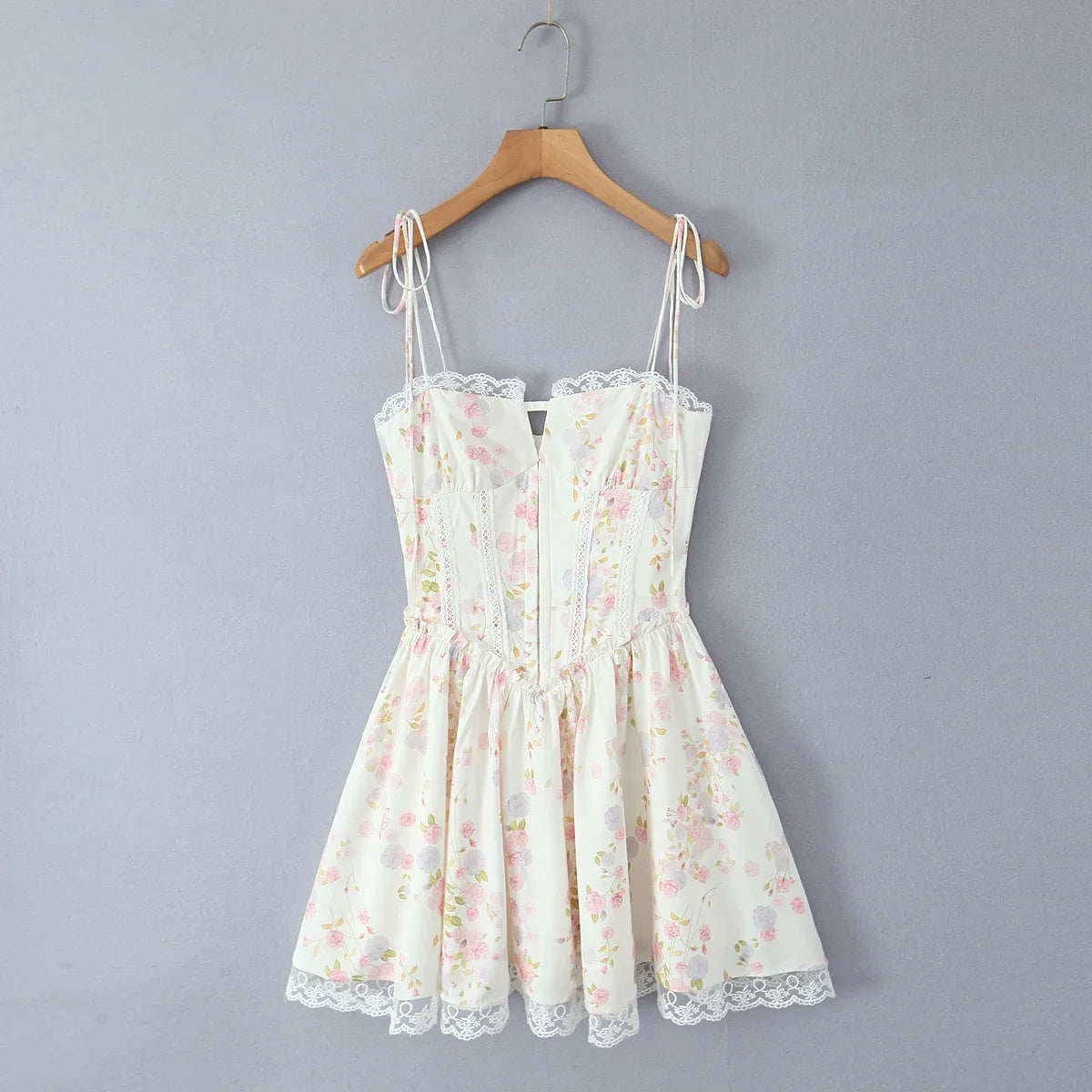 2025 Sexy Floral Print Spliced Lace Collar Corset style Lacing up Sling Dress Women Wood ears Low Waist Swing Mini Dresses Robe