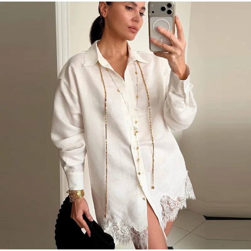 Beach Shirts Shorts Outfits Women Lapel Single Breasted Long Sleeves Lace Patchwork Sets Female 2026 Spring Summer Holiday Sets