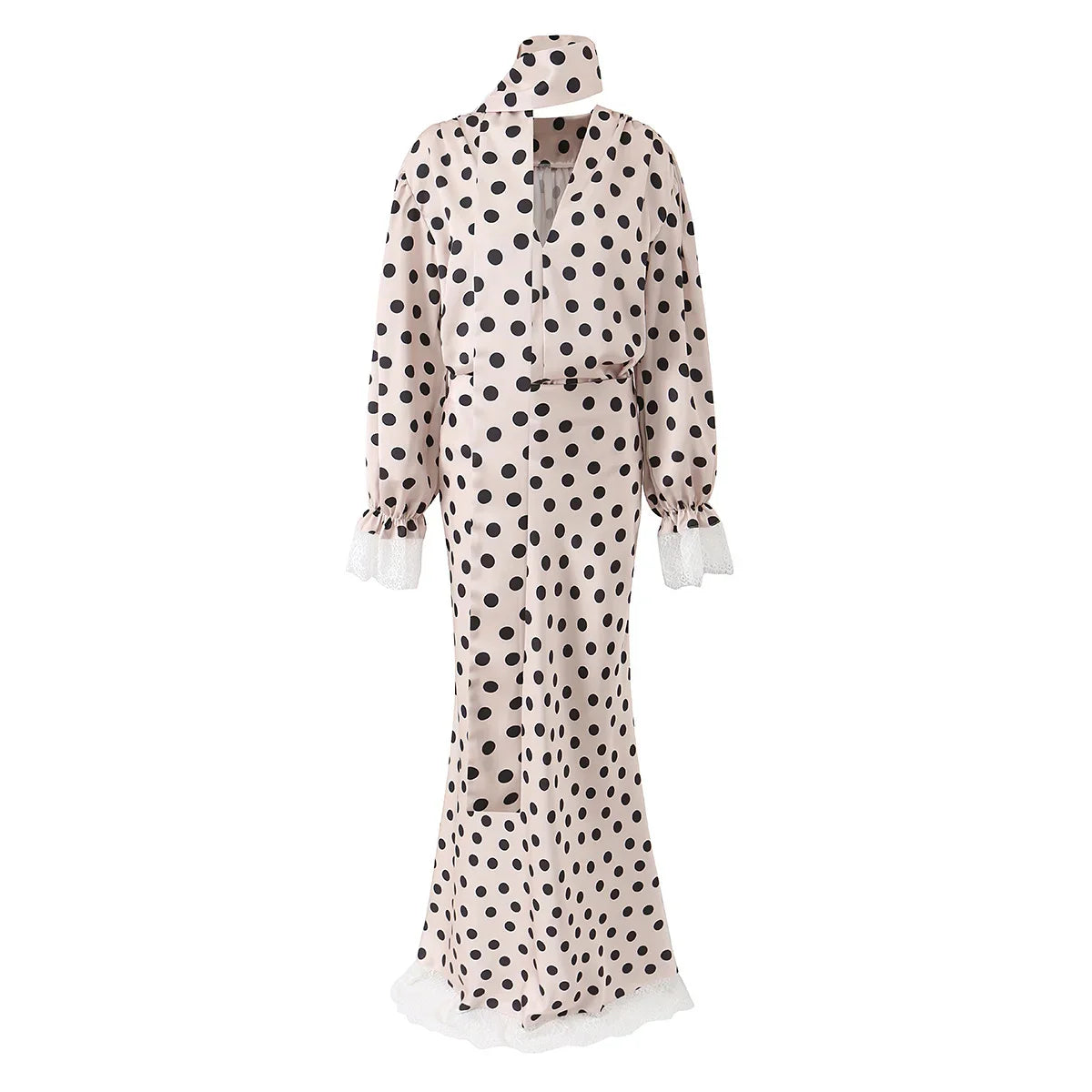 2026 New Women's Polka Dot 2 Piece Outfit V Neck With Scarf Blouse + High Waist Lace Trim Mermaid Maxi Skirt Elegant Vintage Set