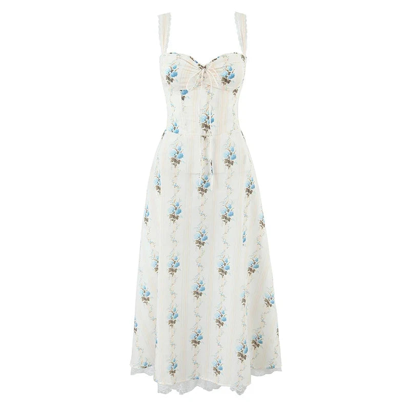 YENKYE New Fashion Women A-line Midi Elegant Party Dresses Sexy Wide Straps Lace Spliced Holiday Summer Floral Print Dress 2025