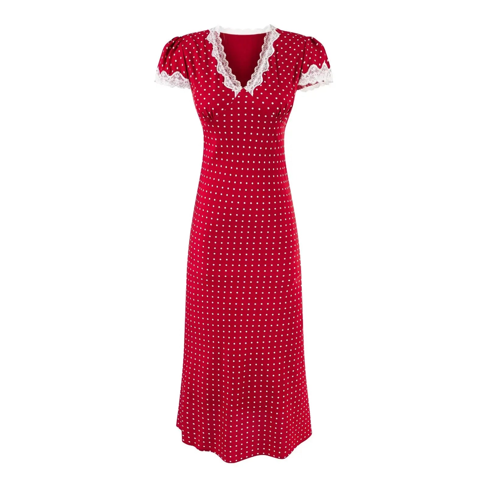 YENKYE 2025 Women French Polka Dot Red Dress Sexy Sweet Lace Trim V Neck Short Sleeve A-line Midi Summer Dresses Holiday Robe