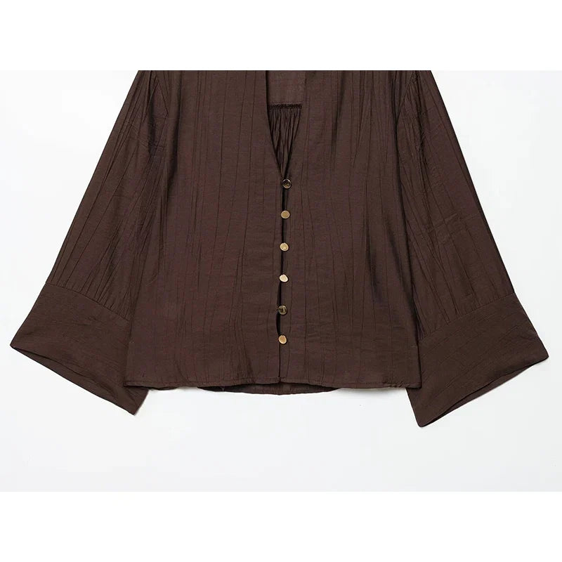 YENKYE Front Button V Neck Wide Sleeves Brown Shirt Women Casual Loose Autumn Blouse Blusas Mujer
