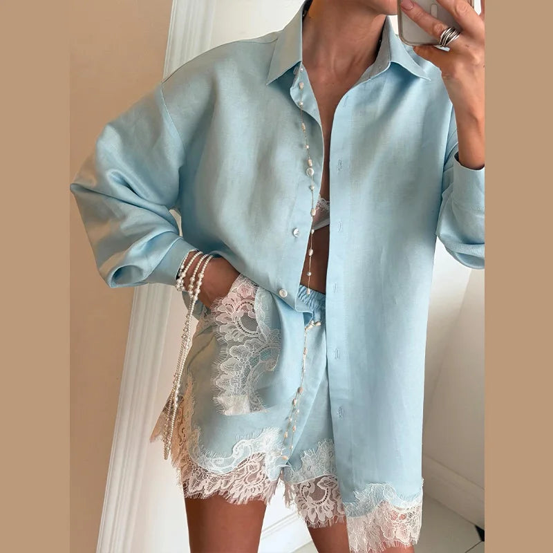 Beach Shirts Shorts Outfits Women Lapel Single Breasted Long Sleeves Lace Patchwork Sets Female 2026 Spring Summer Holiday Sets