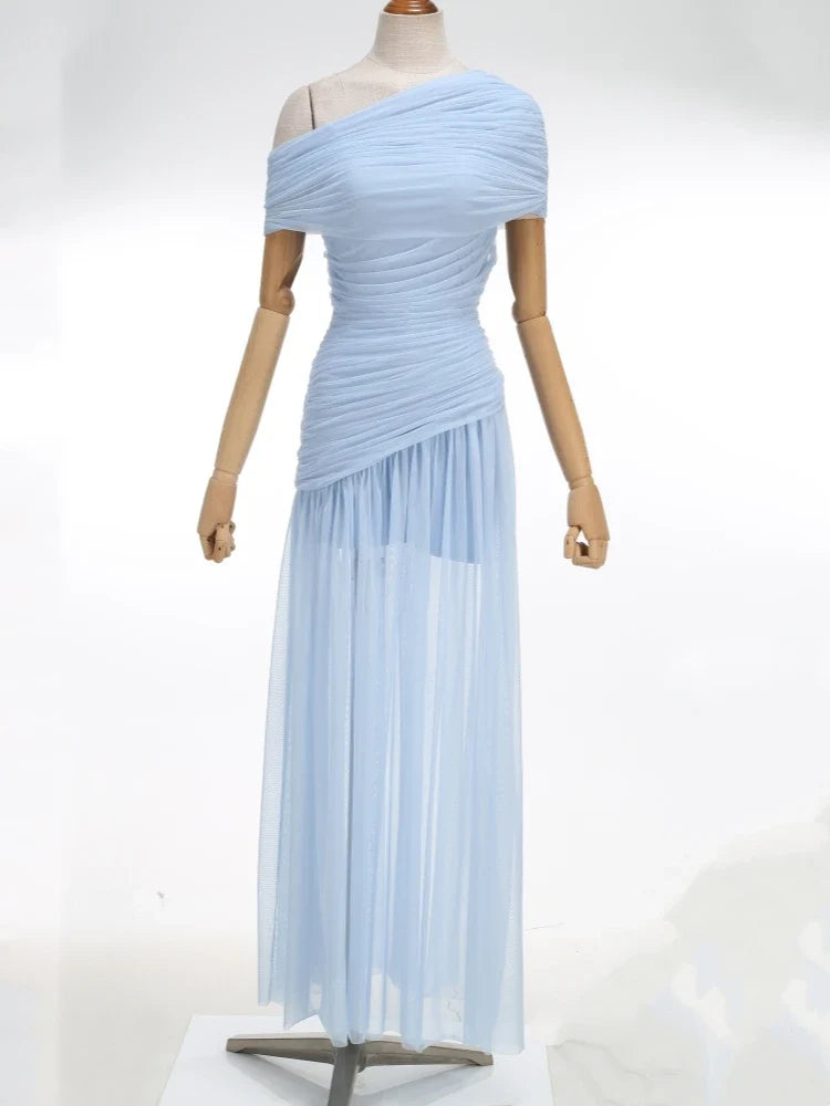 Sexy One Shoulder Ruched Design Long Dress Women Blue Brown Mesh Diagonal Collar Folds Slim Dresses Evening Party Cocktail Gowns