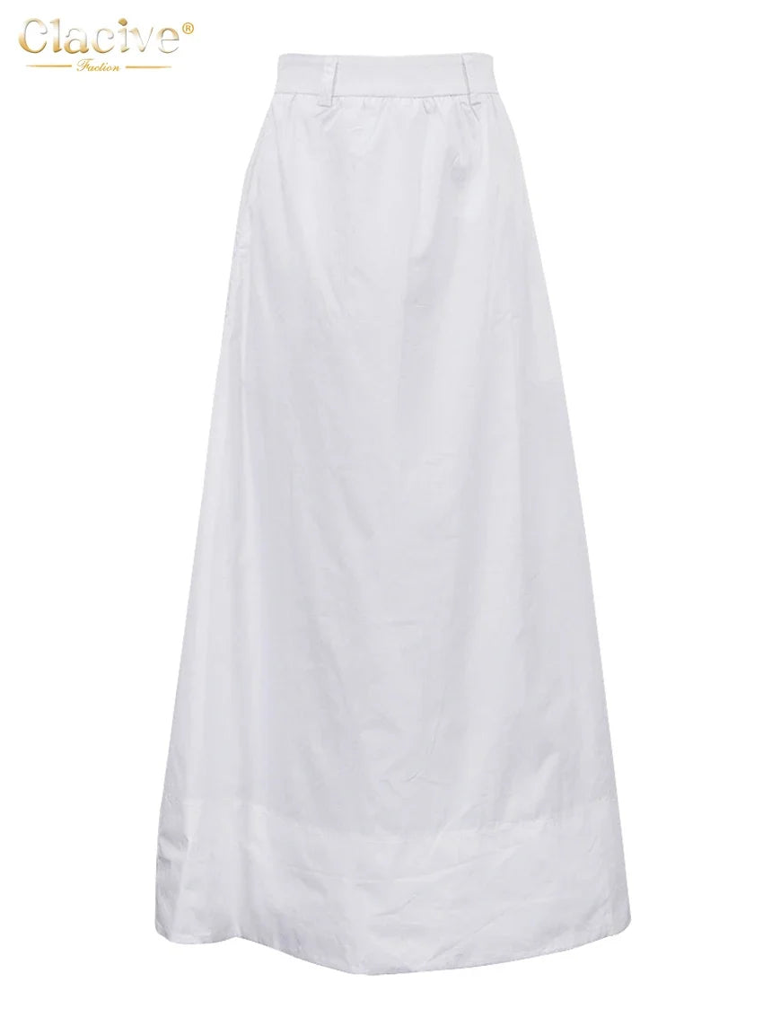 Clacive Fashion Loose White Cotton Women's Skirt 2025 Casual High Waist Long Skirts Elegant Classic Solid Skirt Female Clothing