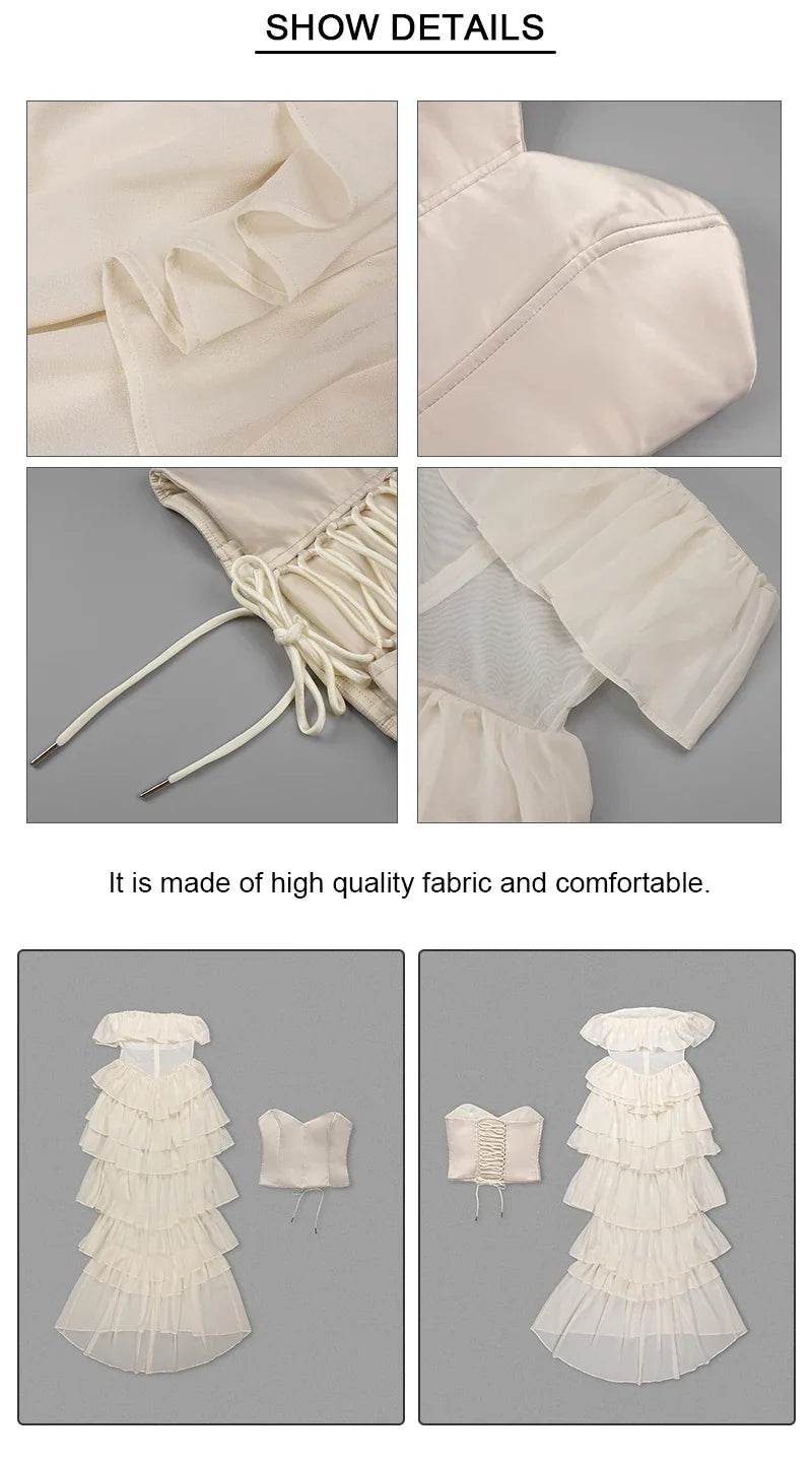VC Sets For Women 2 Pieces Elegant And Pretty Lace-Up Corset And Slash Neck Long Cake Dress Set Chiffon Female Clothing