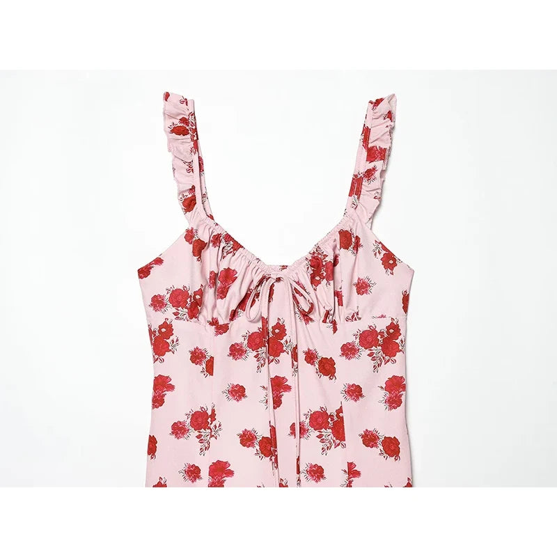 YENKYE 2026 Summer Floral Print Mini Dress Women Ruffle Strap V Neck A-line Sundress Holiday Robe