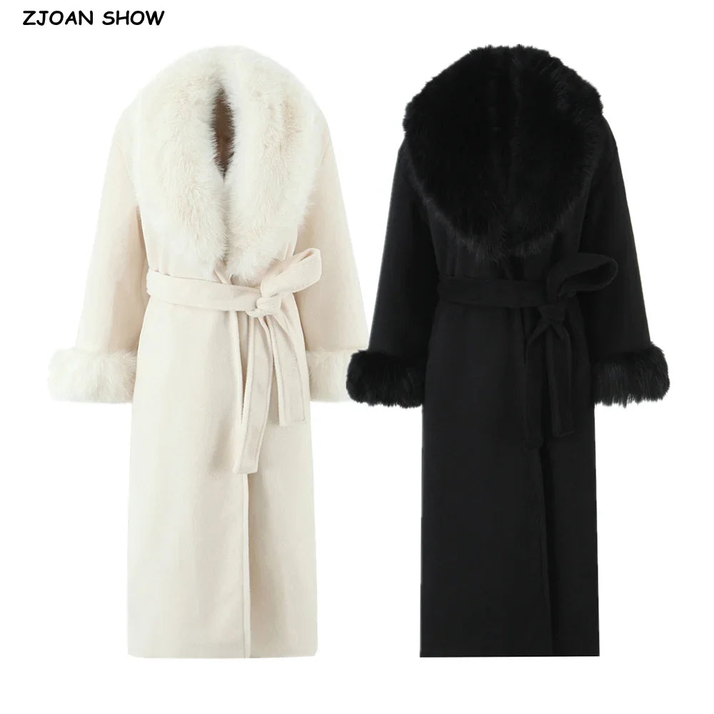 New Autumn Winter Black Shaggy Faux Fur Lapel Collar Woolen Coat Women Bow Sashes Long Sleeve No Button Midi Trench Outerwear