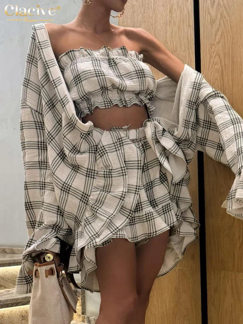 Clacive Fashion Loose Plaid Cotton Shorts Sets For Women 2 Piece Elegant Long Sleeve Shirt + Tube Top With High Waist Shorts Set