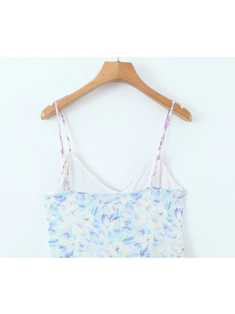 YENKYE Summer Women Multi Color Block Irregular Floral Print Sexy Sling Dress Sweet Ruffle Female Sleeveless Boho Beach Dress