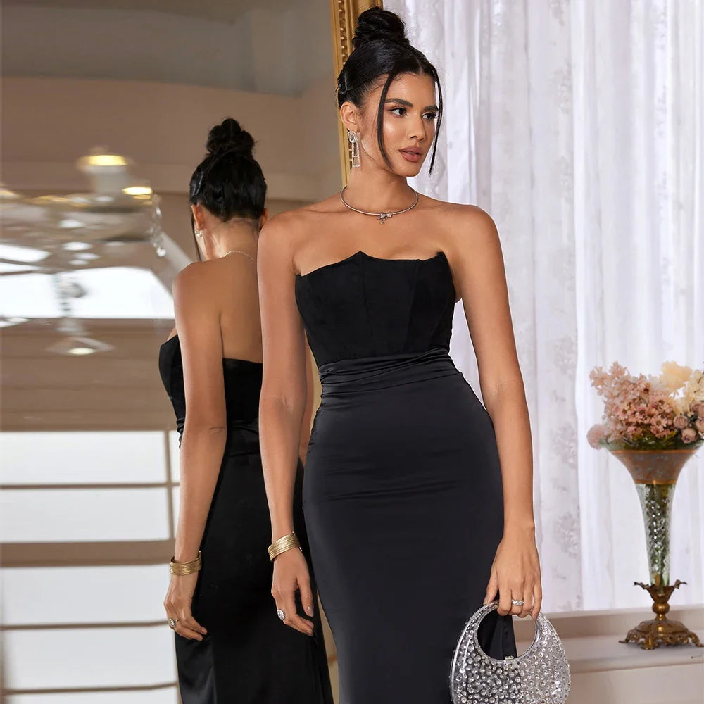 Dropshipping  Black Maxi Wedding Guest Dress Women Strapless Velvet Boning Corset Party Dress Sexy  Long Formal Occasion Dress
