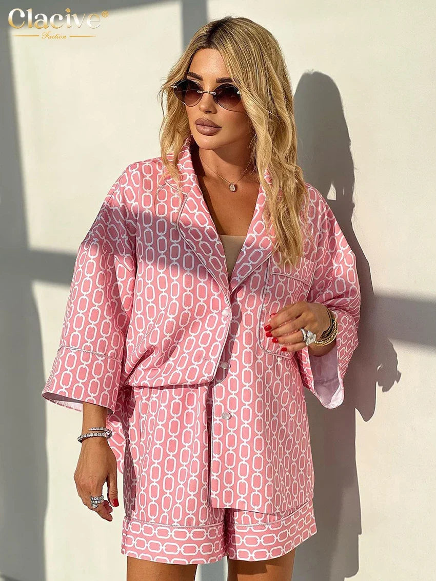 Clacive Fashion Loose Print 2 Piece Sets Women Outfit 2024 Casual Long Sleeve Shirt With High Waist Shorts Set Female Homewear