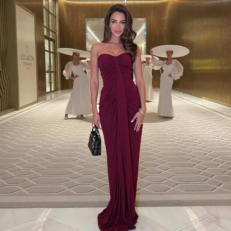 Cryptographic Fashion Ruched Sexy Strapless Dress for Women Solid Elegant Gown Club Party Slinky Maxi Dresses Backless Clothes