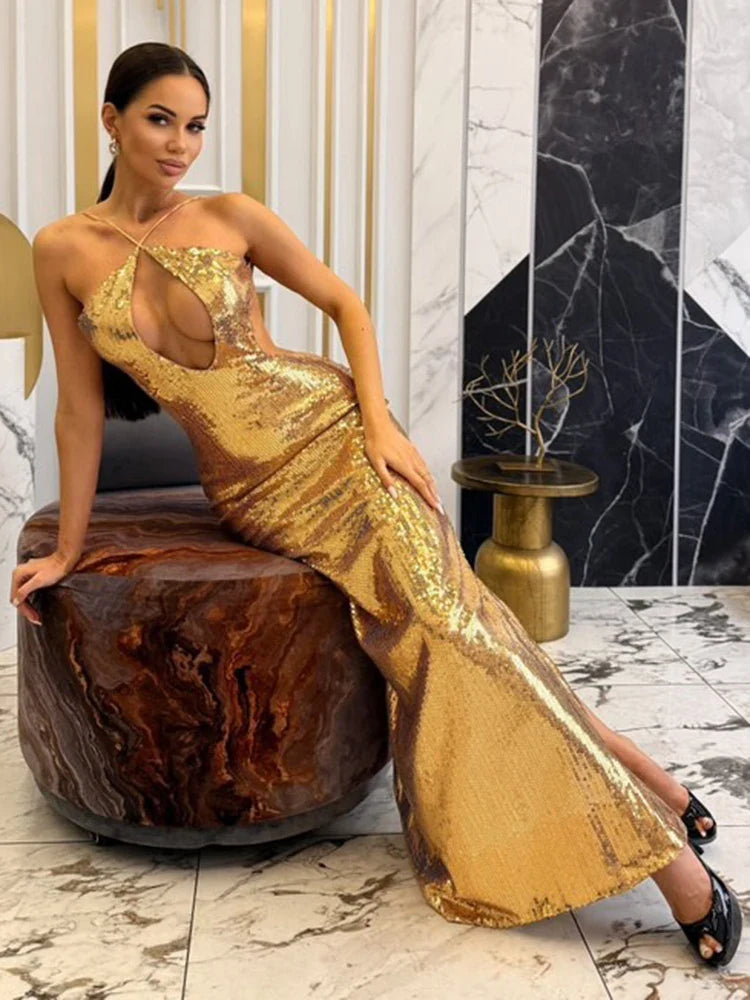 VC Women'S Gold Sequins Luxury Party Gown Sexy Backless  Long Dress For Wedding Banquet Party Female Clothing