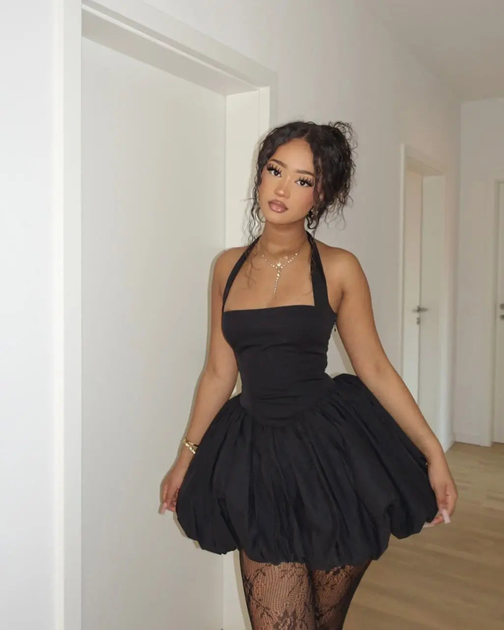 YENKYE Sexy Backless Pleated Hem Halter Ball Gown Dress Women Lace Up Back White Black Elegant Party Mini Dresses Summer Robe