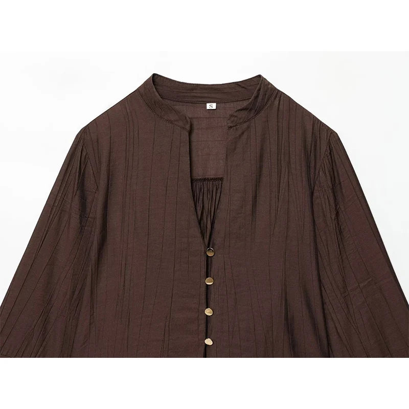 YENKYE Front Button V Neck Wide Sleeves Brown Shirt Women Casual Loose Autumn Blouse Blusas Mujer