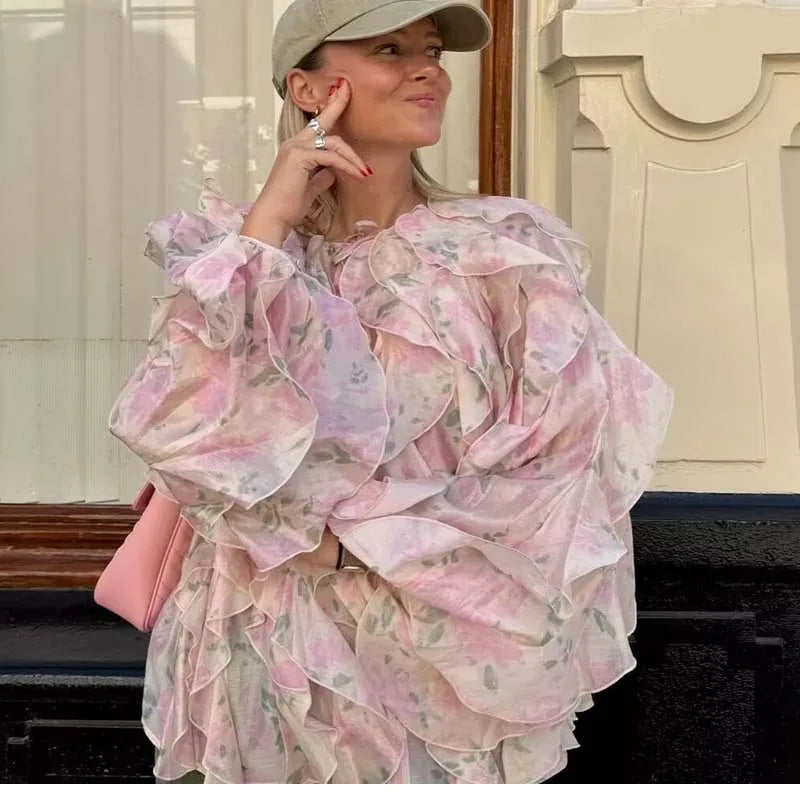 YENKYE Women Elegant Floral Print Chiffon Blouse long Sleeve Lace Up O Neck Cascading Ruffle Summer Lady Shirts Loose Tops