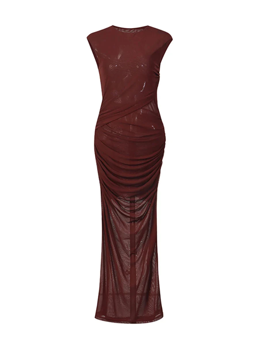 CHICEVER Solid Spliced Folds Chic Dress Female O Neck Sleeveless Slimming Intellectual Temperament Women's Dresses Summer Style