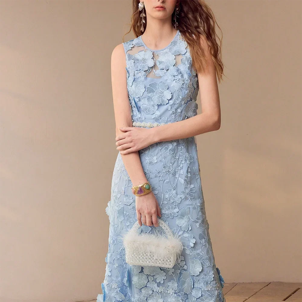TWOTWINSTYLE Spliced Appliques Elegant Long Dresses for Women Round Neck Sleeveless High Waist Dress Female Fashion Style New