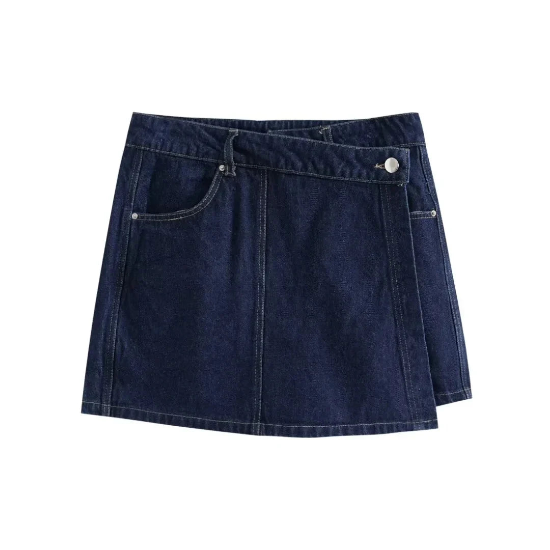 2025 Women's Fashion Flip Pocket Decoration Short Flip Collar Slim fit denim Top + Asymmetric Denim Skirt 2 Piece Set