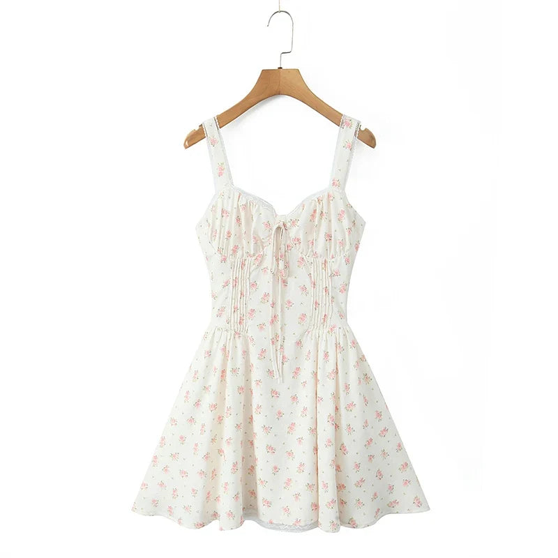 YENKYE Elegant Women Lace Patchwork Floral Print Sling Mini Dress Sleeveless Low Waist A-line Holiday Party Dresses Summer Robe