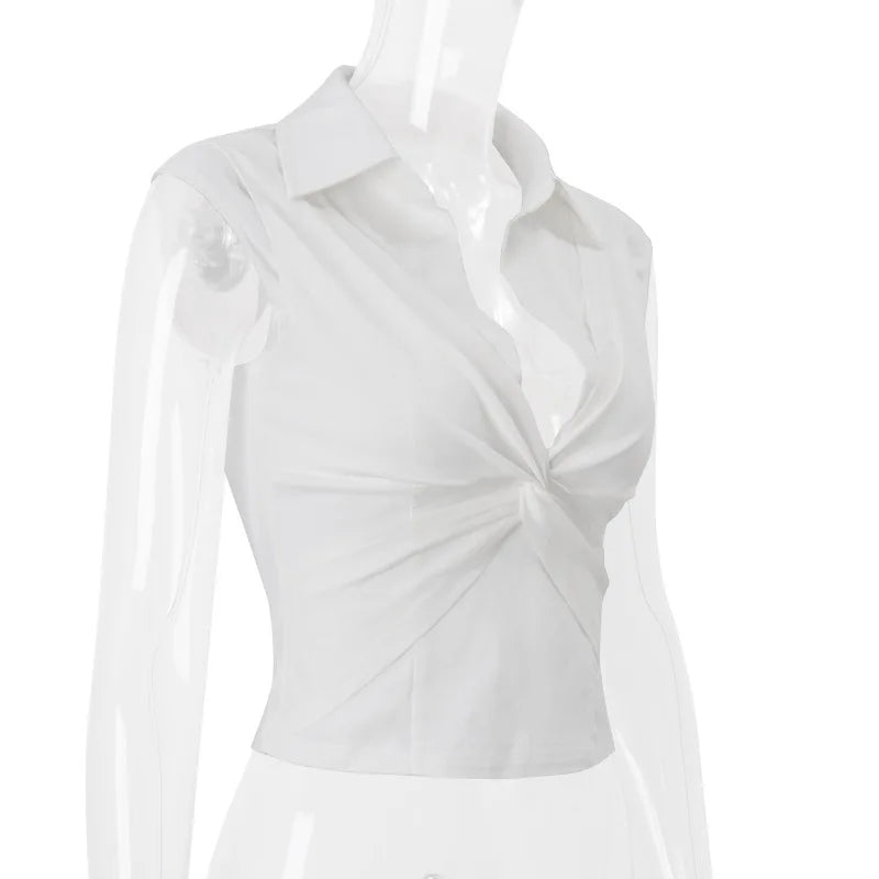 Cryptographic Fashion Sexy Twisted Front V Neck Tops Women Summer Outfits White Cropped Top Slim T-shirts Streetwear Clothes