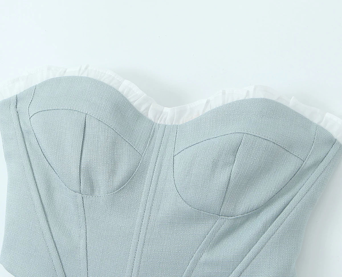 2024 Gray Spliced White Wood ears Bra Chest Sexy Corset Women Summer Fish Bone Slim Tank Tops Bodycon Strapless Crop Top