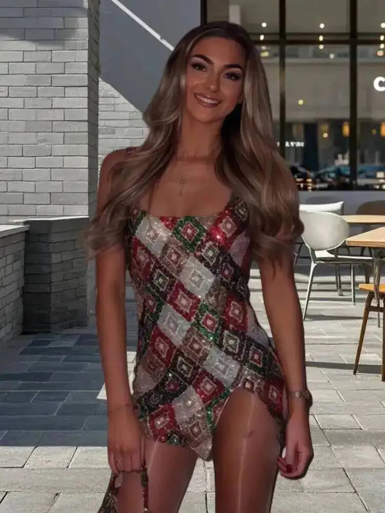 Avrilyaan Colorful Diamond Pattern Sequin Slit Sexy Dress Women 2025 Elegant Party Dress Backless Mini Summer Dress Vestidos