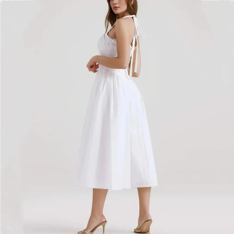 2024 Sexy Pink Corset Style Bow Halter Dress Spliced Lace Drawstring Rope Chest Pleated Slim Low Waist A-lined Swing Midi Robe