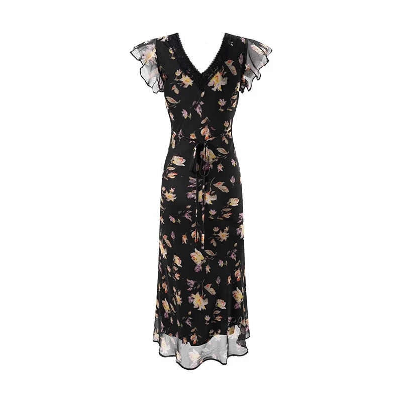 YENKYE French Style Floral Print Elegant Summer Dress For Women Flying Sleeve V Neck A-line Midi Dress Vacation Vestidos 2026