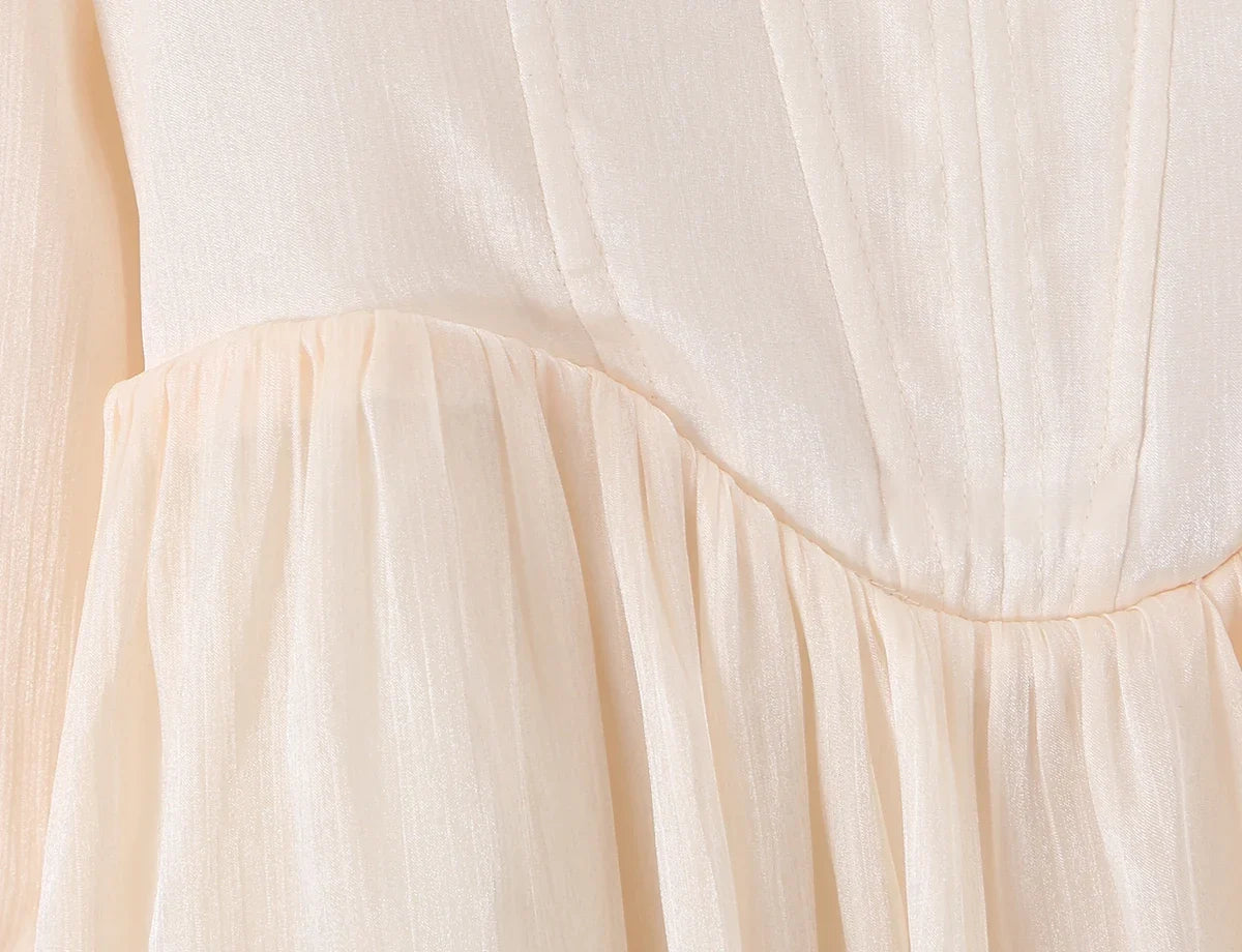 Women Bright Apicot Wood Ears Fold Chest Puff Long Sleeve Dress Boning Low Waist Cross Bandage Lacing Up Back Short Dresses Robe