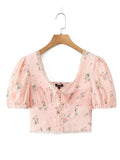 2024 Women Summer Vintage Floral Print Bow Tied Cropped Tank Tops Fashion V-Neck Short Sleeve Female Casual Chic Tops Vestidos