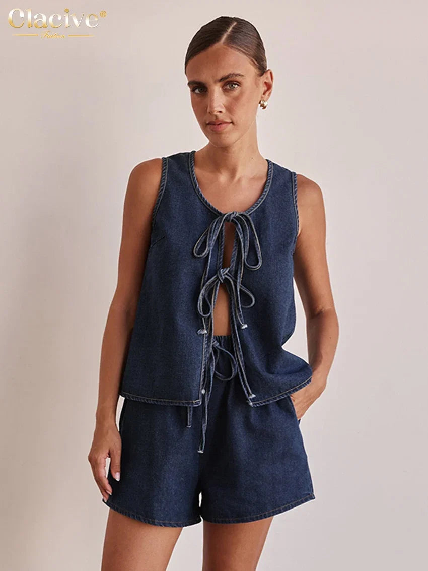 Clacive Summer Loose Blue Denim 2 Piece Sets Women Outfit 2025 Fashion Sleeveless Tank Top With High Waist Shorts Set Streetwear