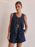 Clacive Summer Loose Blue Denim 2 Piece Sets Women Outfit 2025 Fashion Sleeveless Tank Top With High Waist Shorts Set Streetwear