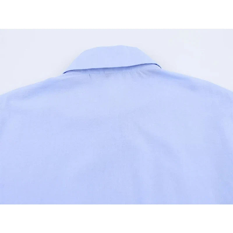 YENKYE Spring 2025 Women Hollow Out Embroidery Blue Shirt Front Button Lapel Collar Loose Blouse Streetwear Blusas Mujer